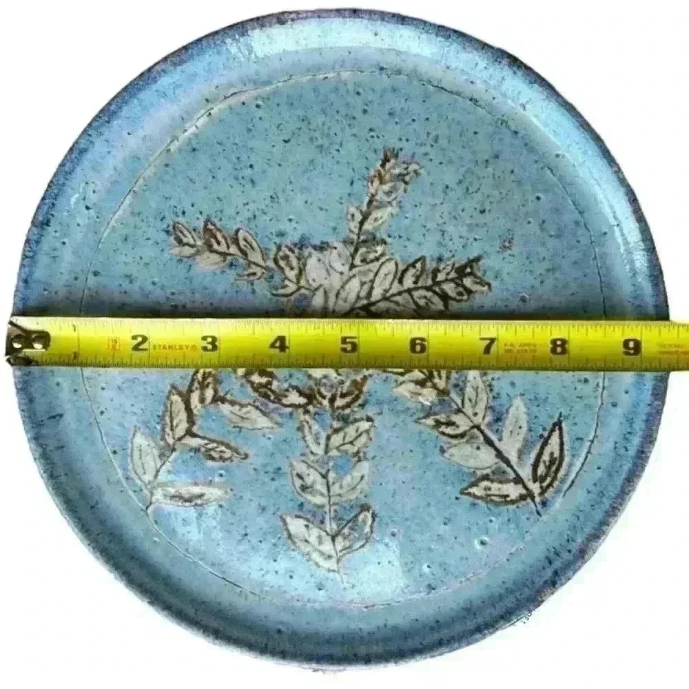 VTG Handcrafted decorative blue pottery plate with wheat (or leaf) detail signed
